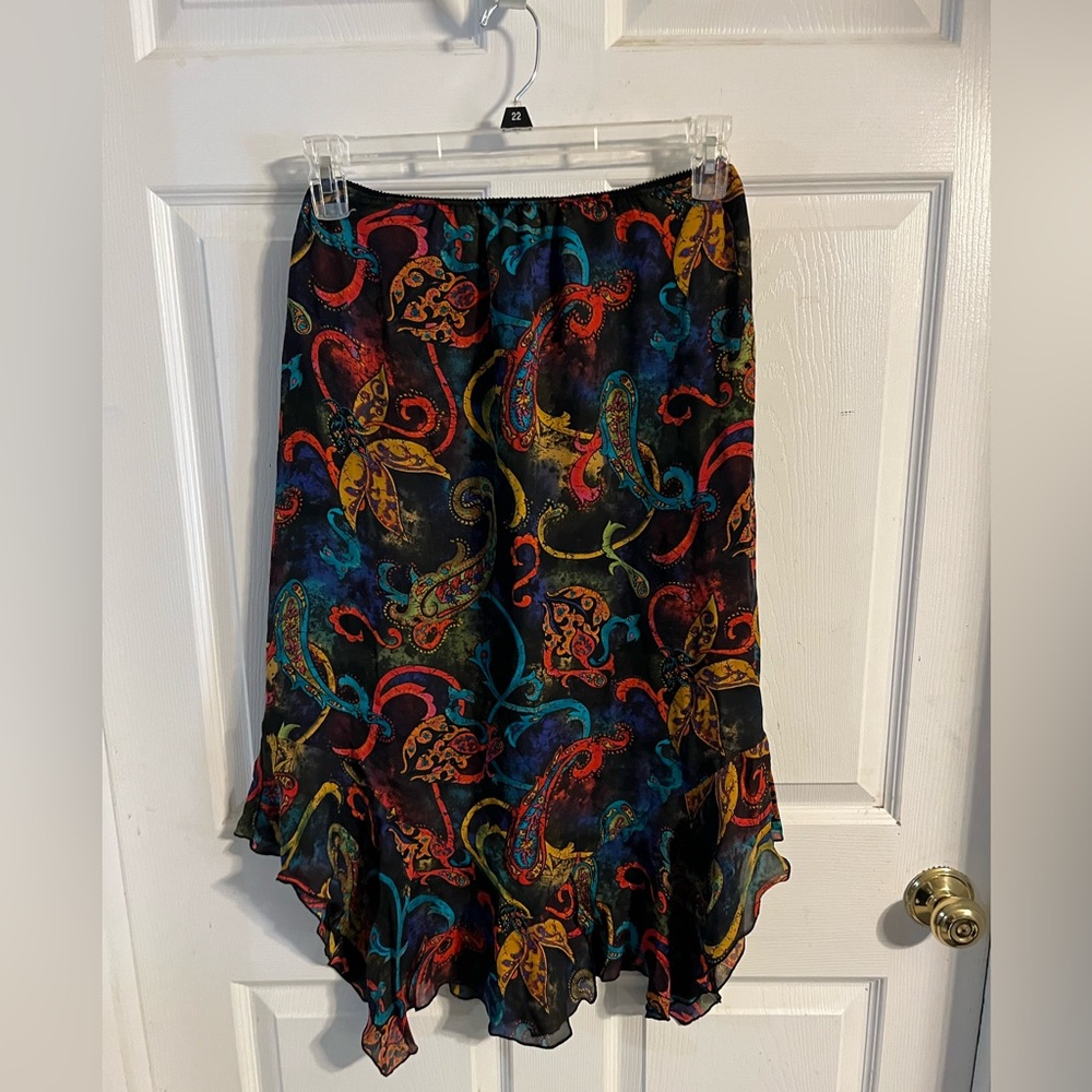 Chicos Design, Vintage Silk Black Multi Color Paisley Mermaid Flowy Skirt